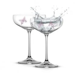 JoyJolt Meadow Butterfly 14 oz. Crystal Stemmed Martini Coupe Glass Set (Set of 2) - Elegant Cocktail Glasses