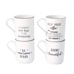 Be Happy 4-Piece Porcelain Mug Set - Elegant Design for Coffee & Tea Lovers (Service for 4)