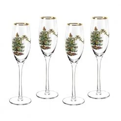 Spode 4-Piece Christmas Tree Glass Champagne Flute Set - Elegant Holiday Drinkware