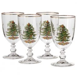 Spode 4-Piece Christmas Tree Glass Pedestal Goblet Set - Elegant Holiday Drinkware