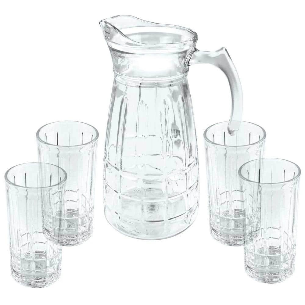GIBSON HOME Jewelite Glass 1.7 qt. Pitcher and Tumbler Set - Elegant Drinking Glasses for Beverages 1 GIBSON HOME Jewelite Glass 1.7 qt. Pitcher and Tumbler Set - Elegant Drinking Glasses for Beverages