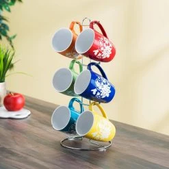6 Piece Floral Mug Set with Stand - Multi-Color Ceramic Coffee Tea Cups - Unbranded -Drinkware Shop drinking glasses sets hdc50676 31 1000