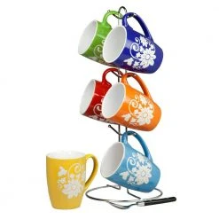 6 Piece Floral Mug Set with Stand - Multi-Color Ceramic Coffee Tea Cups - Unbranded -Drinkware Shop drinking glasses sets hdc50676 44 1000