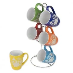6 Piece Floral Mug Set with Stand - Multi-Color Ceramic Coffee Tea Cups - Unbranded