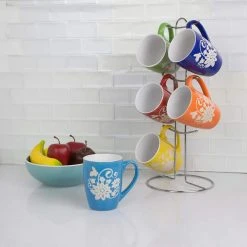 6 Piece Floral Mug Set with Stand - Multi-Color Ceramic Coffee Tea Cups - Unbranded -Drinkware Shop drinking glasses sets hdc50676 fa 1000