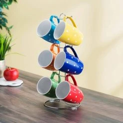 6 Piece Polka Dot Mug Set with Stand - Stylish Coffee Cups for Home or Office -Drinkware Shop drinking glasses sets hdc64063 31 1000