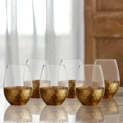 FITZ and FLOYD Daphne Gold Stemless Glasses - Set of 4, 20 oz. (591 ml) Elegant Wine Glasses in Gift Box -Drinkware Shop fitz and floyd stemless wine glasses 229705 st 1f 1000