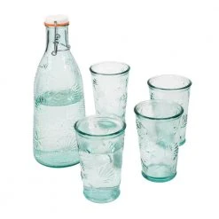 Recycled Clear Glass 1-Quart Coastal Water Bottle and Set of 4, 10-Ounce Glasses by French Home