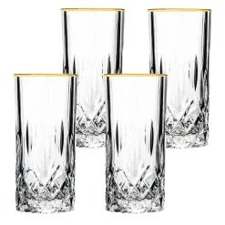 Opera Gold Rim 11 fl. oz. Crystal High Ball Set (4-Piece) - Elegant Cocktail Glasses by Lorren Home Trends