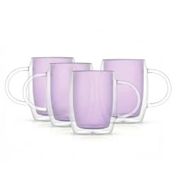 JoyJolt Aroma 13.5 oz Borosilicate Glass Violet Colored Double Wall Coffee Tea Mugs Set (Set of 4)