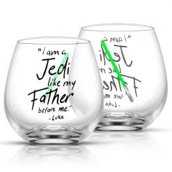 JoyJolt Star Wars Luke Skywalker Green Lightsaber Stemless Wine Glasses - Set of 2, 15 oz