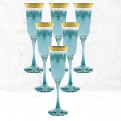 Blue Flutes with Gold Band (Set of 6) - Elegant Champagne Glasses by Lorren Home Trends -Drinkware Shop lorren home trends champagne glasses 9455 4f 1000