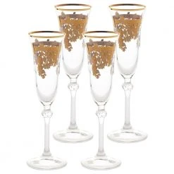 Lorren Home Trends Embellished 24K Gold Crystal Flute Goblets, Set of 4 - Elegant Champagne and Wine Glasses