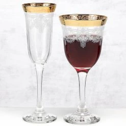 Red Wine Stencil Pattern and Gold Band Wine Glasses (Set of 6) by Lorren Home Trends -Drinkware Shop lorren home trends red wine glasses 9450 1f 1000