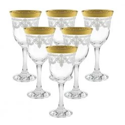 Red Wine Stencil Pattern and Gold Band Wine Glasses (Set of 6) by Lorren Home Trends