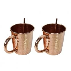 Oakland Living 16 oz Hammered Copper Mule Mug with Straws - Handcrafted Cocktail Glasses, 100% Copper Moscow Mule Cups