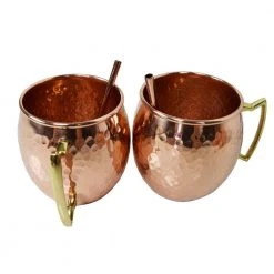Solid Round 100% Copper Mule Mug Cups with Straws - 17 oz, Hammered Handcrafted Design