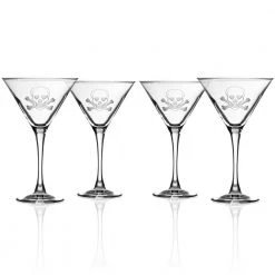 Rolf Glass Skull and Cross Bones 10 fl. oz. Clear Martini Glasses (Set of 4) - Elegant & Unique Cocktail Glassware