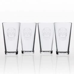 Sugar Skull 16 oz. Pint Glass Set of 4 - Unique Design Drinking Glasses by Rolf Glass