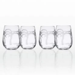 Rolf Glass Palm Tree 17 oz. Clear Stemless Wine Tumbler Set of 4 - Elegant & Durable Wine Glasses