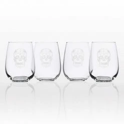 Rolf Glass Sugar Skull 17 oz. Stemless Wine Tumbler - Set of 4, Durable & Stylish Wine Glasses