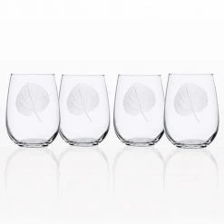 Rolf Glass Aspen Leaf 17 oz. Clear Stemless Wine Tumbler (Set of 4) - Elegant & Durable Stemless Wine Glasses