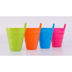 10 OZ Reusable Plastic Cups with Straw - Set of 4 in Blue, Pink, Green & Orange | Basicwise -Drinkware Shop set of 4 small 1 green orange blue pink basicwise drinking glasses sets qi003474s 4 4f 1000