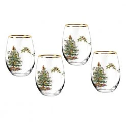 Spode Christmas Tree 4-Piece Glass Stemless Wine Set - Festive Holiday Drinkware