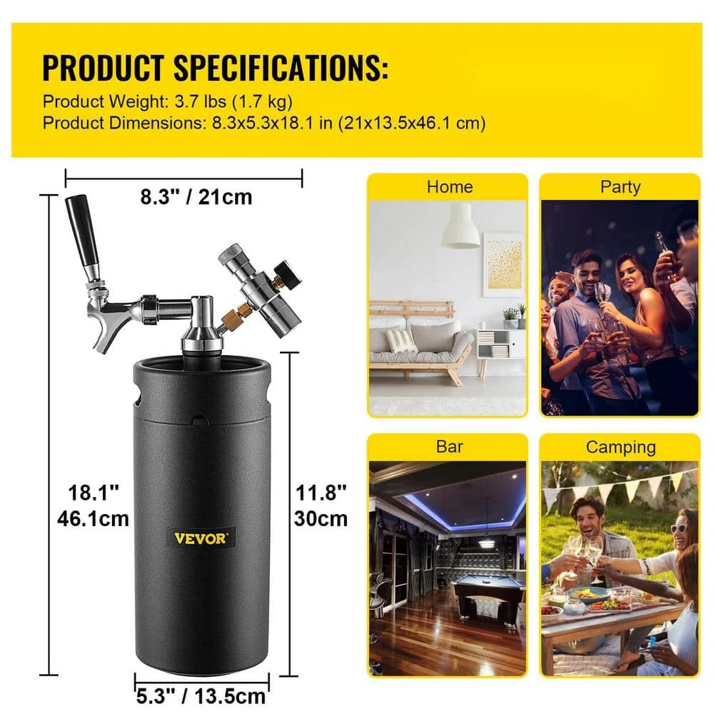 122 Oz. Mini Keg - 304 Stainless Steel Beer Growler with Dual Pressure Tap System & CO2 Regulator, Black - VEVOR 2 122 Oz. Mini Keg - 304 Stainless Steel Beer Growler with Dual Pressure Tap System & CO2 Regulator, Black - VEVOR - Image 2