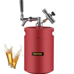 VEVOR 170 Oz. Mini Keg - 304 Stainless Steel Pressurized Beer Growler with Dual Pressure Display, CO2 Regulator & Faucet, Red