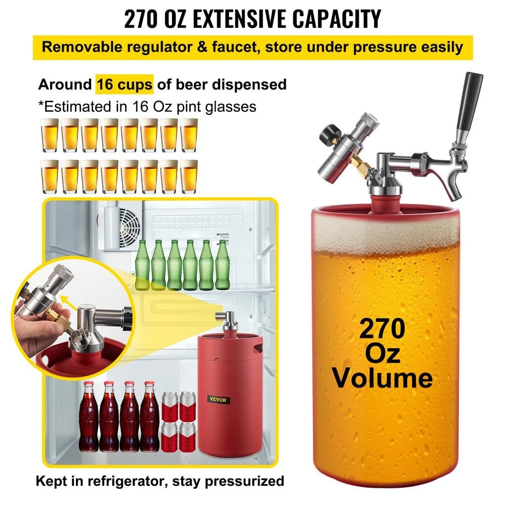 VEVOR 270 Oz. Mini Keg - Stainless Steel Beer Growler with Dual Pressure Display, 20 in. Beer Hose, Relief Ring, Red 4 VEVOR 270 Oz. Mini Keg - Stainless Steel Beer Growler with Dual Pressure Display, 20 in. Beer Hose, Relief Ring, Red - Image 4