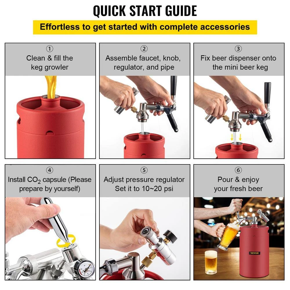 VEVOR 270 Oz. Mini Keg - Stainless Steel Beer Growler with Dual Pressure Display, 20 in. Beer Hose, Relief Ring, Red 3 VEVOR 270 Oz. Mini Keg - Stainless Steel Beer Growler with Dual Pressure Display, 20 in. Beer Hose, Relief Ring, Red - Image 3
