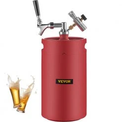 VEVOR 270 Oz. Mini Keg - Stainless Steel Beer Growler with Dual Pressure Display, 20 in. Beer Hose, Relief Ring, Red
