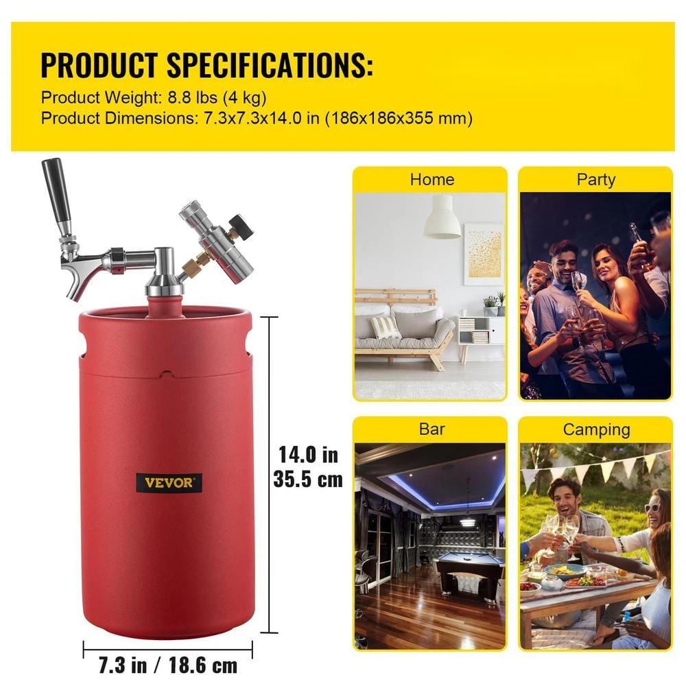 VEVOR 270 Oz. Mini Keg - Stainless Steel Beer Growler with Dual Pressure Display, 20 in. Beer Hose, Relief Ring, Red 7 VEVOR 270 Oz. Mini Keg - Stainless Steel Beer Growler with Dual Pressure Display, 20 in. Beer Hose, Relief Ring, Red - Image 7
