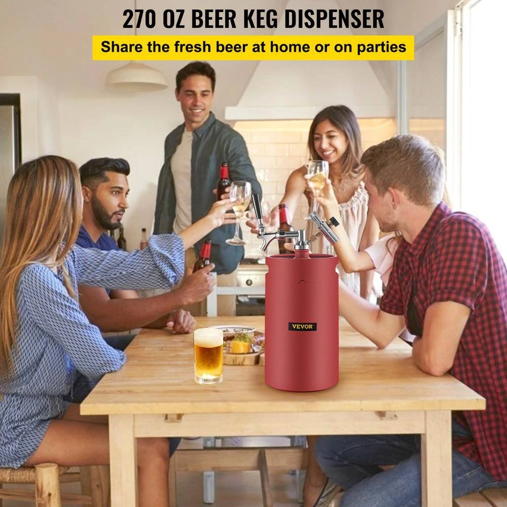 VEVOR 270 Oz. Mini Keg - Stainless Steel Beer Growler with Dual Pressure Display, 20 in. Beer Hose, Relief Ring, Red 2 VEVOR 270 Oz. Mini Keg - Stainless Steel Beer Growler with Dual Pressure Display, 20 in. Beer Hose, Relief Ring, Red - Image 2